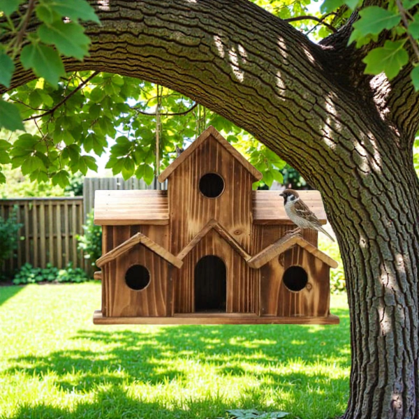 Handcrafted Wooden Birdhouse with 6 Nesting Chambers | Rustic Design for Small Birds 7