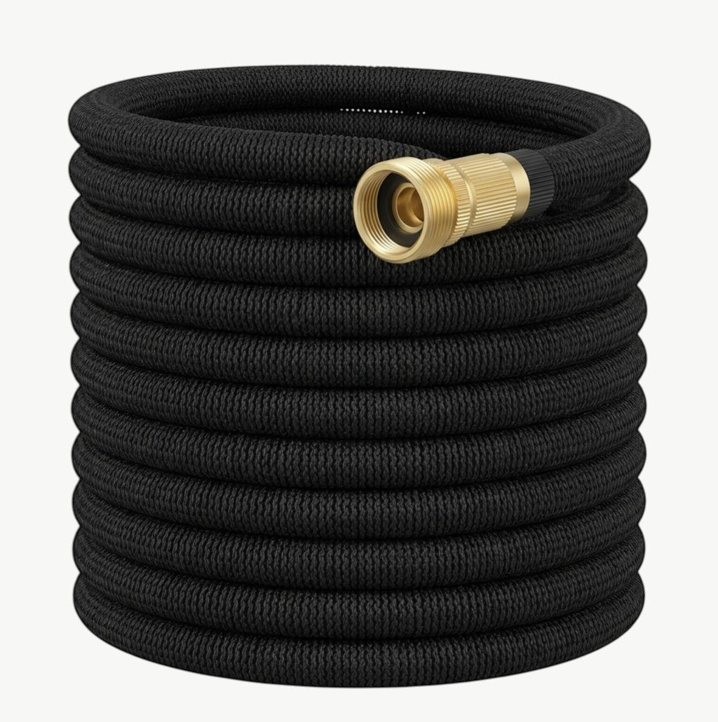 Rinef 100FT black expandable garden hose with brass connector. Lightweight and flexible for easy watering and storage.