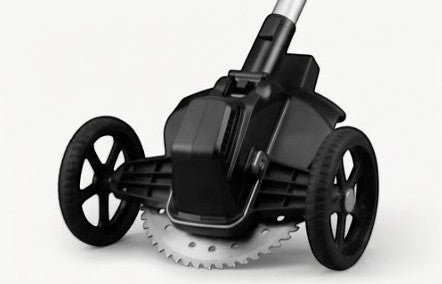 Rinef cordless weed eater with adjustable blades and wheels, lightweight design for lawn trimming.