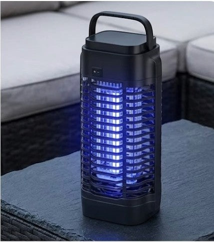 Rinef black electric insect zapper with blue UV light, 4200V power, quiet operation, and portable handle for indoor/outdoor use.