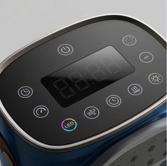 Rinef portable air conditioner control panel with LED display, power, timer, fan speed, and LED light buttons.