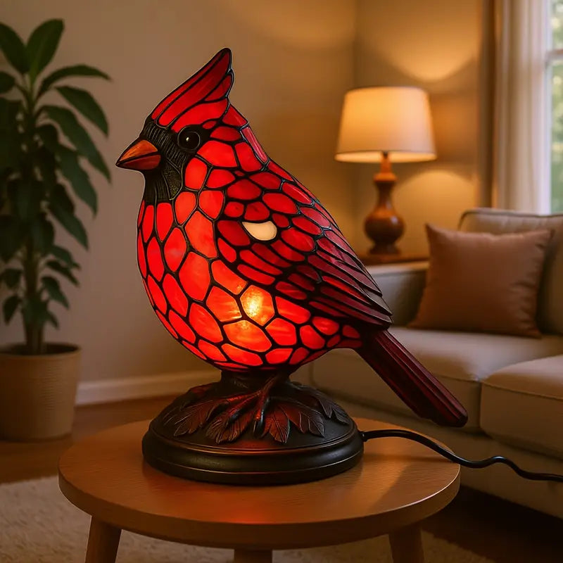 Cardinal Accent Lamp | Handcrafted Stained Glass Design with Warm LED Light | Unique Side Table Lamp for Cozy Ambiance 0