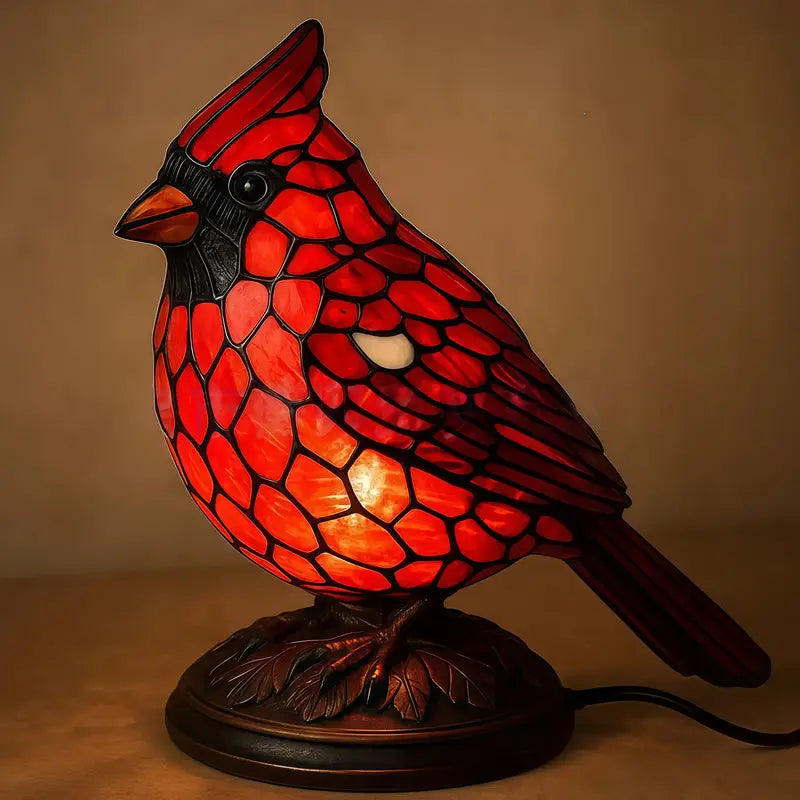 Cardinal Accent Lamp | Handcrafted Stained Glass Design with Warm LED Light | Unique Side Table Lamp for Cozy Ambiance 4