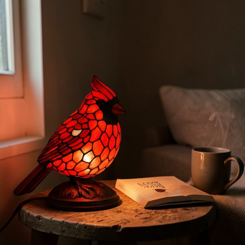 Cardinal Accent Lamp | Handcrafted Stained Glass Design with Warm LED Light | Unique Side Table Lamp for Cozy Ambiance 5