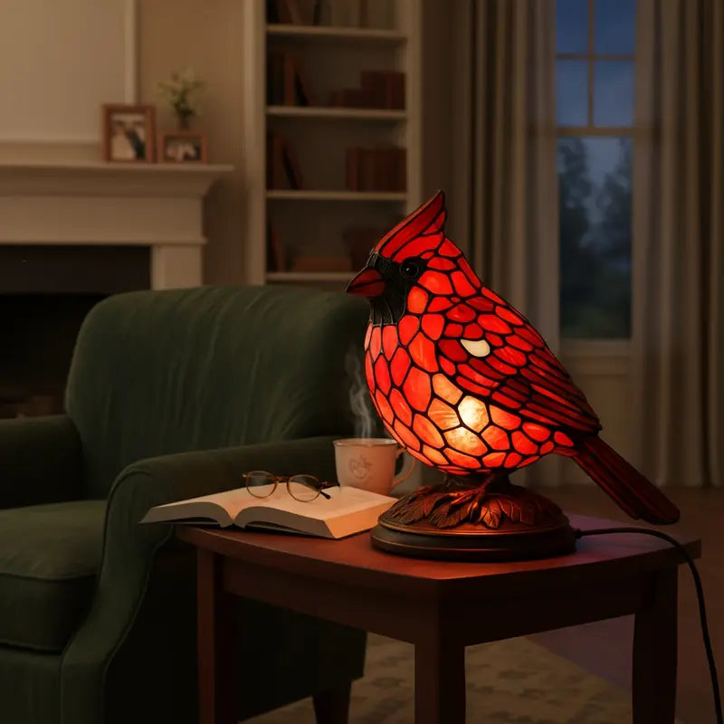 Cardinal Accent Lamp | Handcrafted Stained Glass Design with Warm LED Light | Unique Side Table Lamp for Cozy Ambiance 6