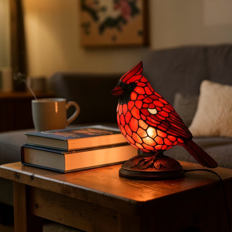 Cardinal Accent Lamp | Handcrafted Stained Glass Design with Warm LED Light | Unique Side Table Lamp for Cozy Ambiance 6