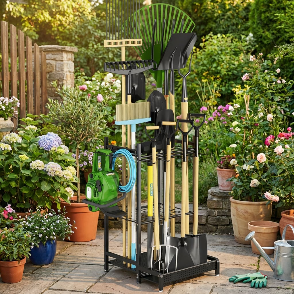 Heavy-Duty Garden Tool Rack | Three-Tier Storage with Optional Wheels | Efficient Organizer for Sheds and Garages 1