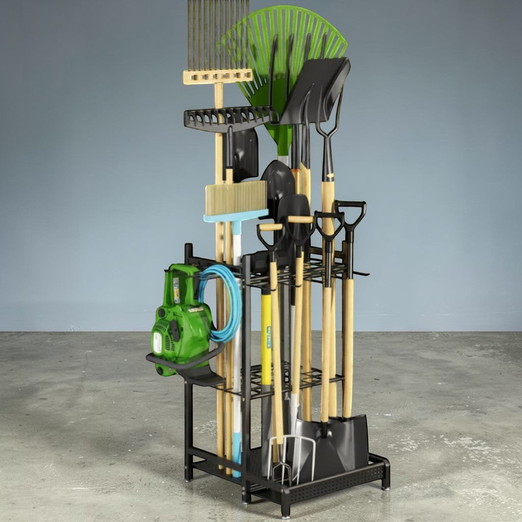 Heavy-Duty Garden Tool Rack | Three-Tier Storage with Optional Wheels | Efficient Organizer for Sheds and Garages 1