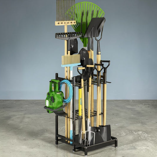 Heavy-Duty Garden Tool Rack | Three-Tier Storage with Optional Wheels | Efficient Organizer for Sheds and Garages 1