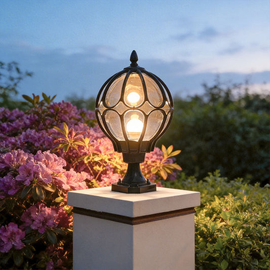 Outdoor Globe Pillar Lights | Elegant Outdoor Lighting with Retro Glass Shade | Perfect for Gardens and Pathways 1