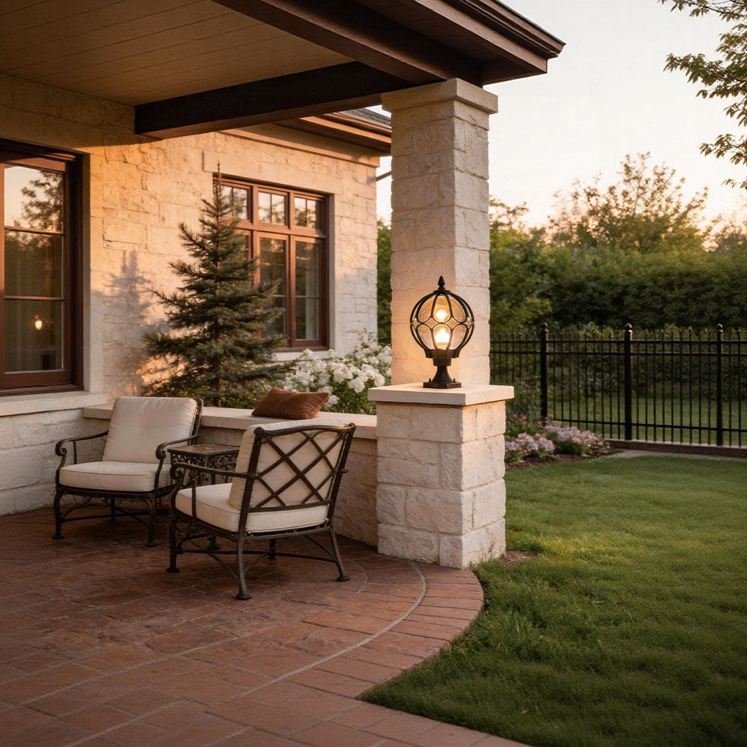 Outdoor Globe Pillar Lights | Elegant Outdoor Lighting with Retro Glass Shade | Perfect for Gardens and Pathways 3