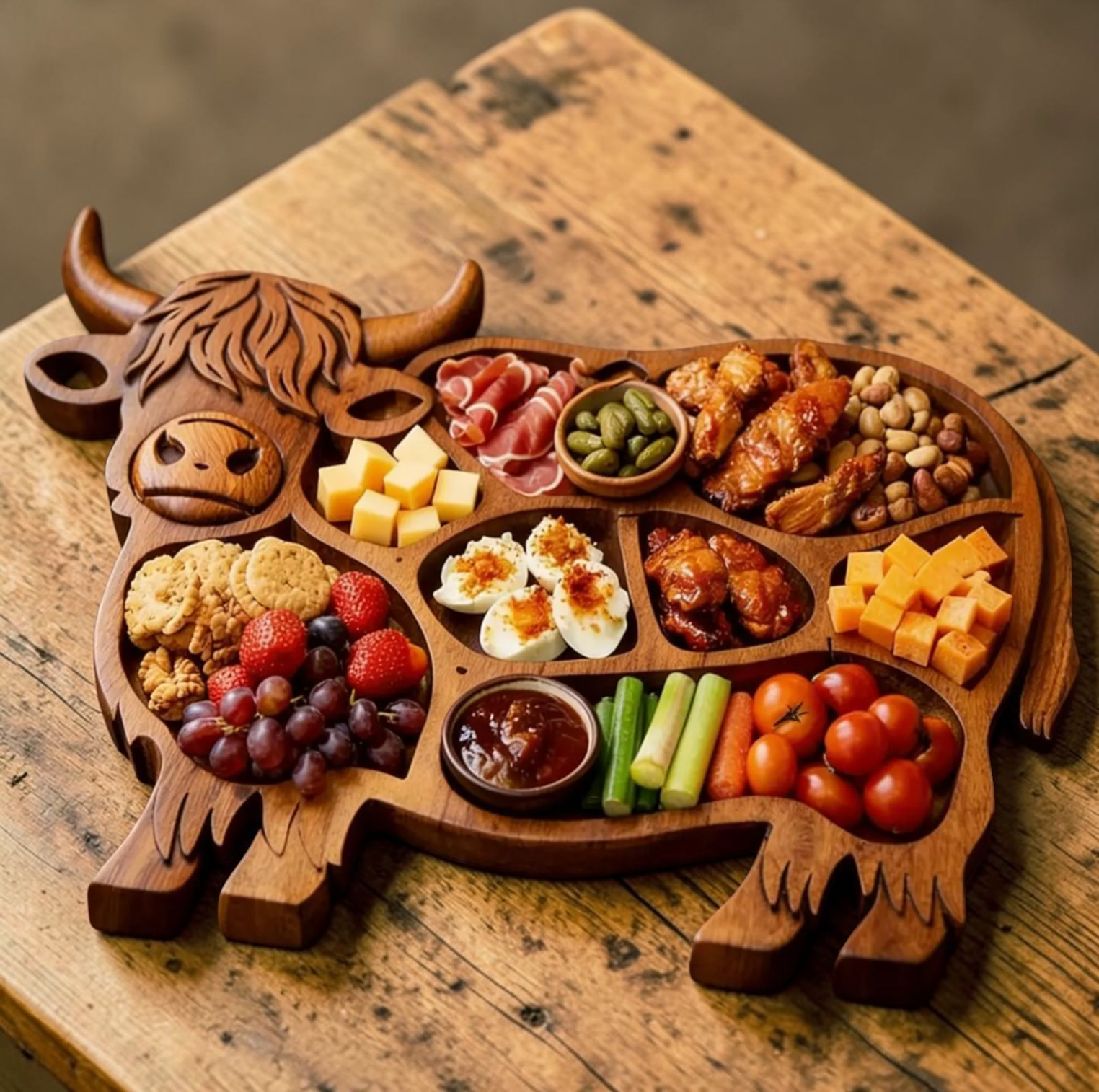 Rustic Cow | Large Charcuterie Board with Multiple Compartments | Handcrafted Wooden Meat and Cheese Tray for Memorable Gatherings 0