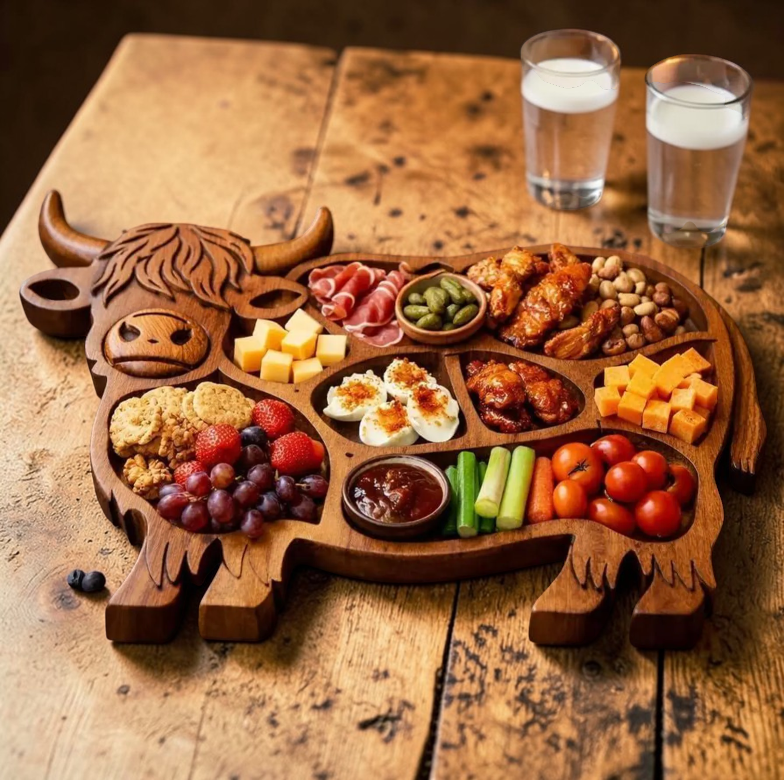 Rustic Cow | Large Charcuterie Board with Multiple Compartments | Handcrafted Wooden Meat and Cheese Tray for Memorable Gatherings 2