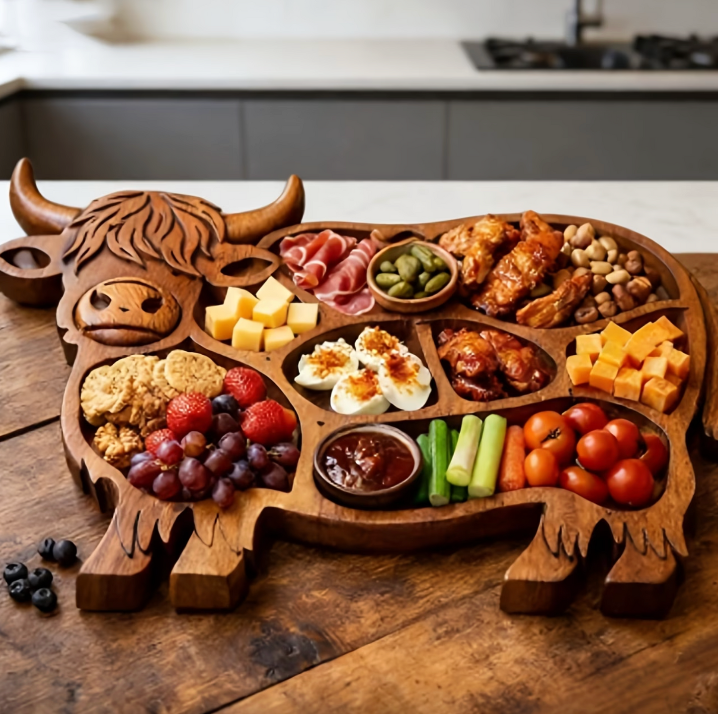 Rustic Cow | Large Charcuterie Board with Multiple Compartments | Handcrafted Wooden Meat and Cheese Tray for Memorable Gatherings 4