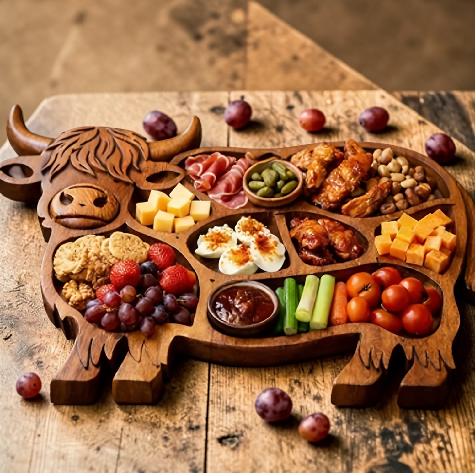 Rustic Cow | Large Charcuterie Board with Multiple Compartments | Handcrafted Wooden Meat and Cheese Tray for Memorable Gatherings 4