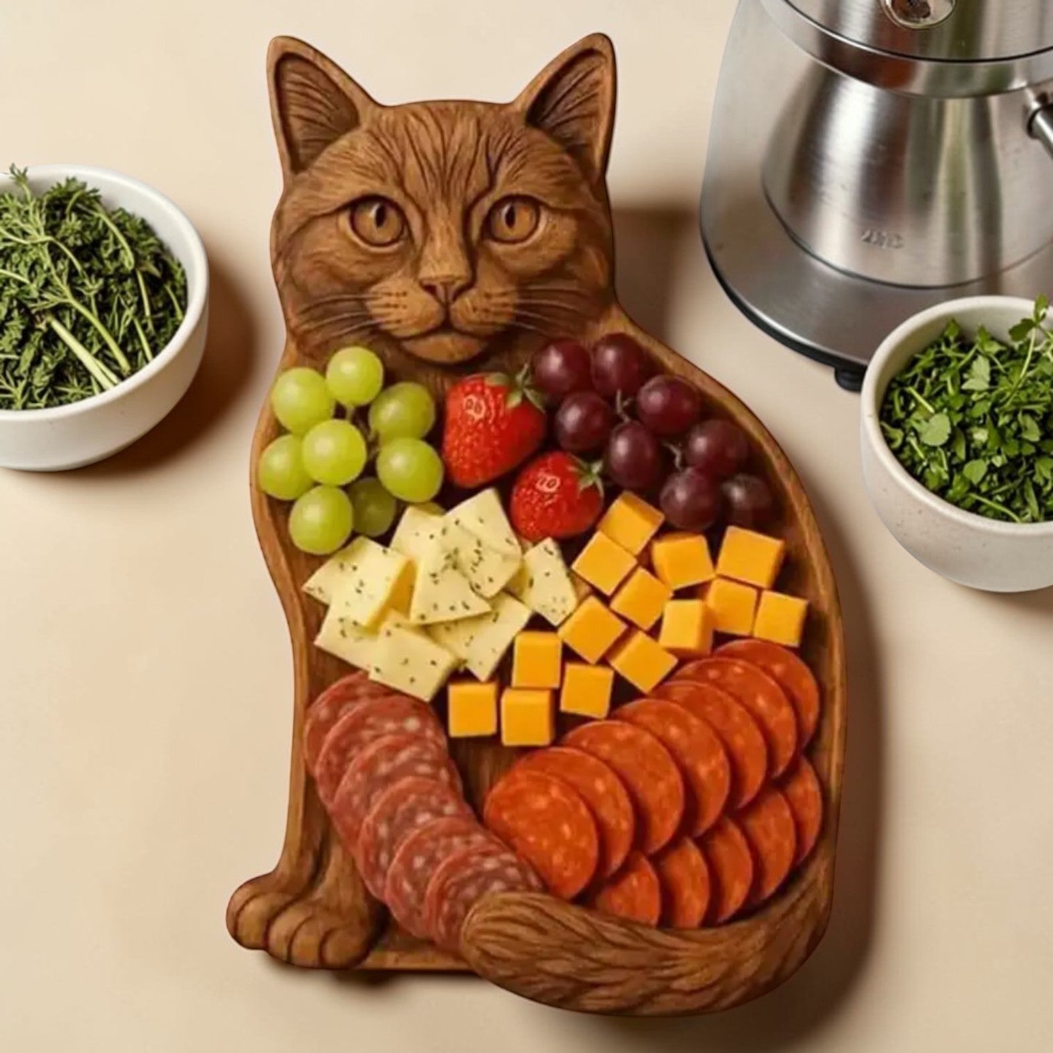 Whimsical Cat-Shaped Serving Platter with Handcrafted Details | Unique Serving Board for Entertaining 0