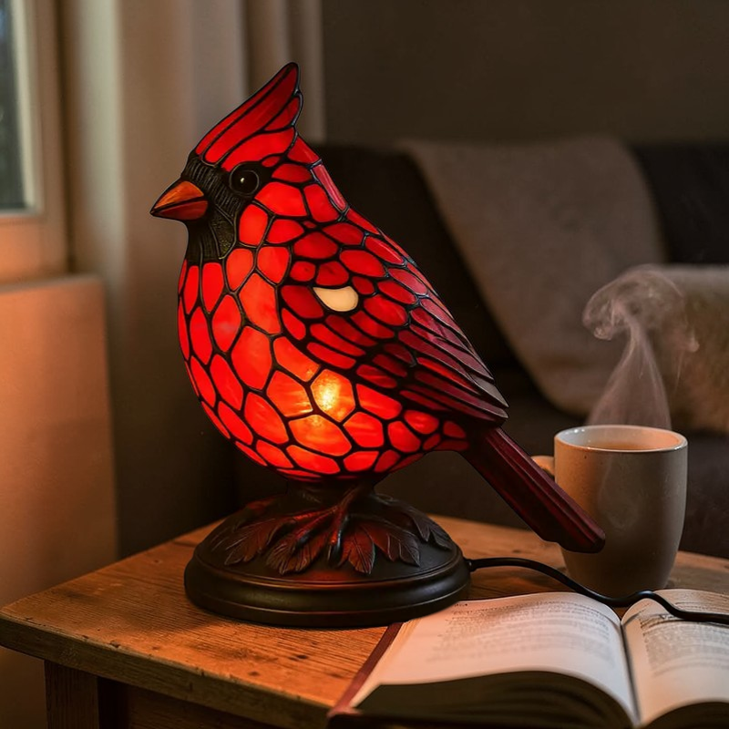 Cardinal Accent Lamp | Handcrafted Stained Glass Design with Warm LED Light | Unique Side Table Lamp for Cozy Ambiance