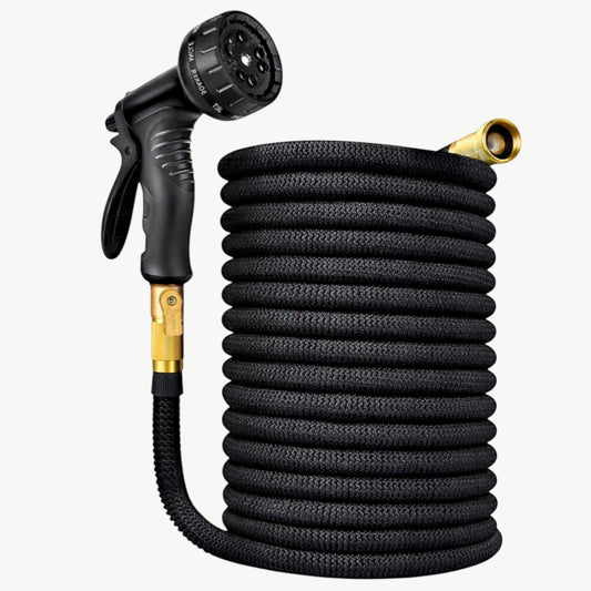 Rinef 100FT black expandable garden hose with multi-setting spray nozzle. Lightweight and flexible for easy watering.