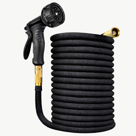 Rinef 100FT black expandable garden hose with multi-setting spray nozzle. Lightweight and flexible for easy watering.