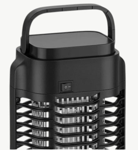 Rinef black electric insect zapper with a carrying handle and on/off switch. Features a metal grid for bug control.