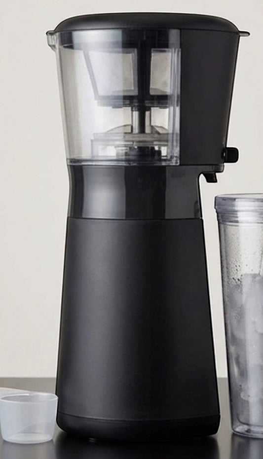 Rinef black iced coffee maker with reusable filter and BPA-free tumbler for quick, refreshing brews.