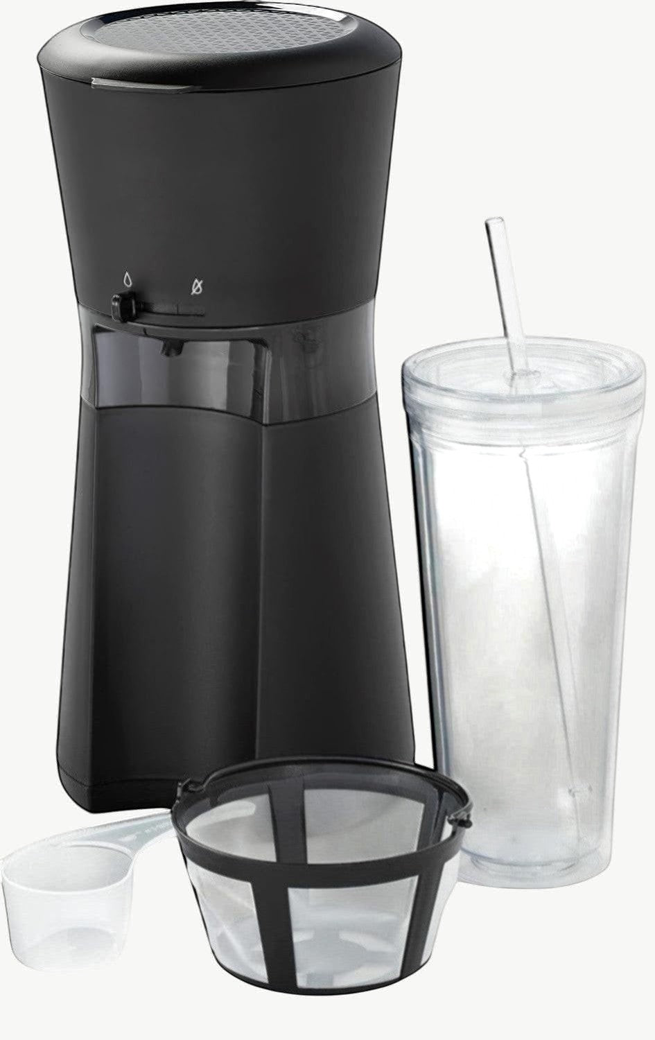 Rinef black iced coffee maker with reusable filter, scoop, and BPA-free tumbler with lid and straw.