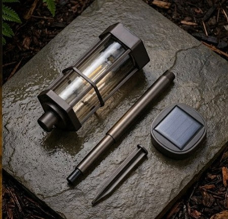 Rinef bronze solar garden torch light with glass cylinder and stake for outdoor illumination.