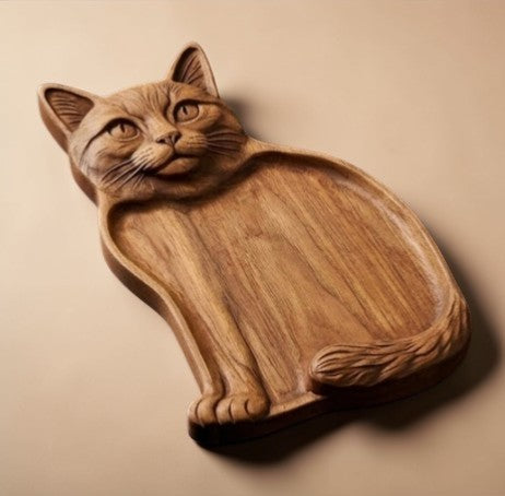 Rinef handcrafted natural wood cat-shaped serving platter with detailed features, perfect for charcuterie.