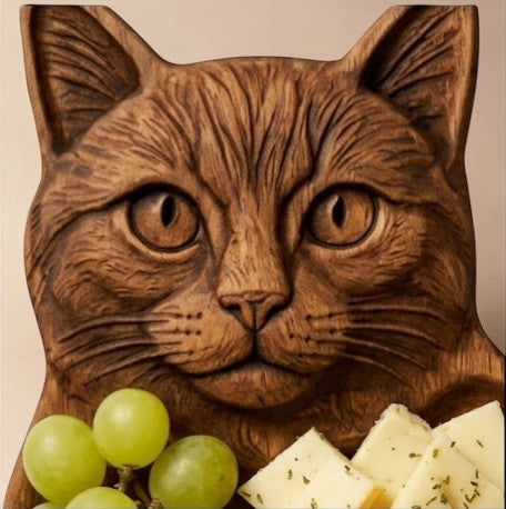Rinef handcrafted natural wood cat-shaped serving platter with intricate feline details, perfect for charcuterie.