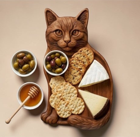 Rinef handcrafted wooden cat-shaped serving platter with cheese, crackers, and olives.