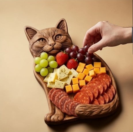 Rinef handcrafted natural wood cat-shaped serving platter with cheese, grapes, strawberries, and charcuterie.