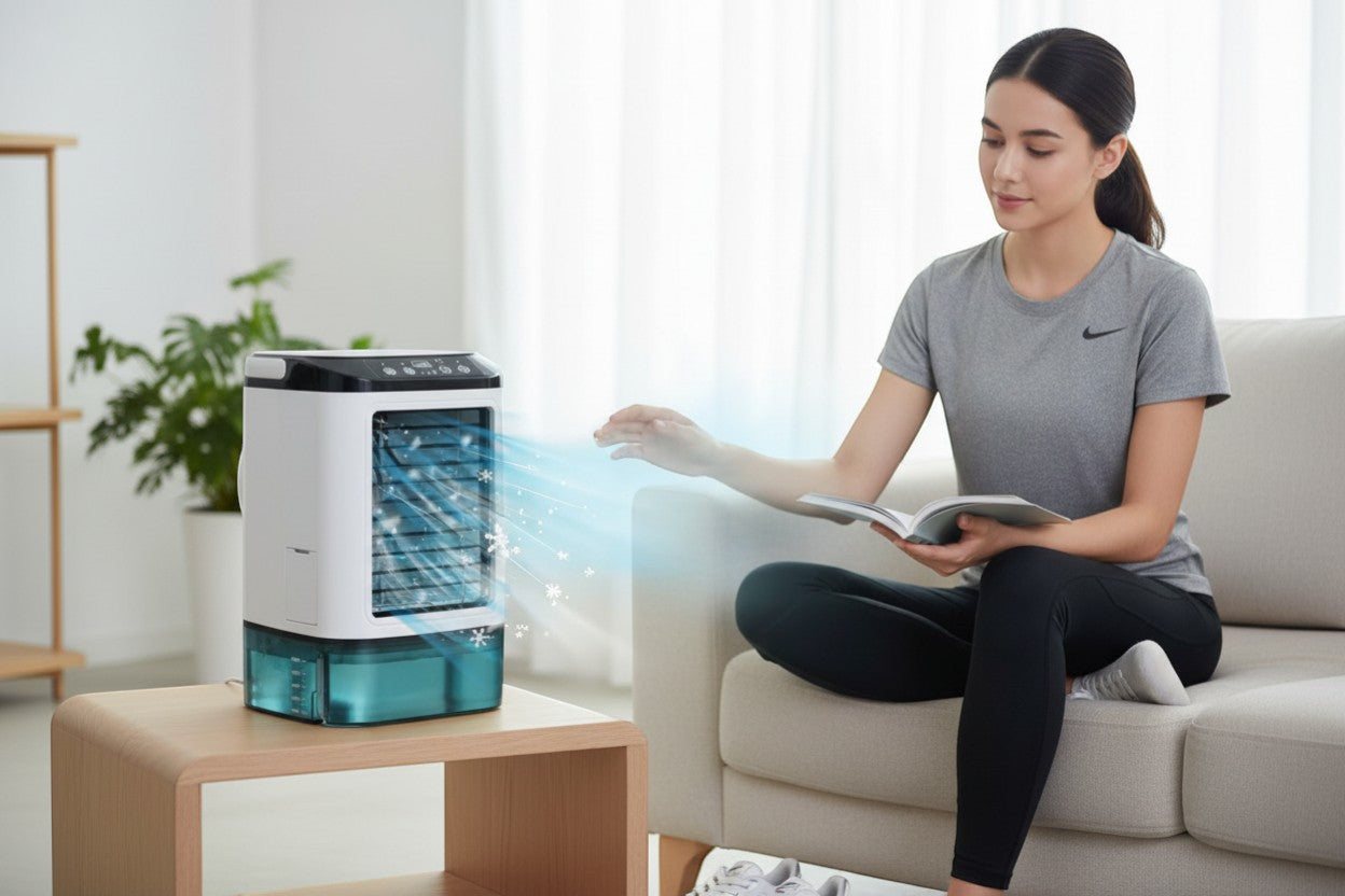 Rinef white and black compact portable AC unit with ultrasonic cooling, 3 speeds, 900ml tank, and LED light.