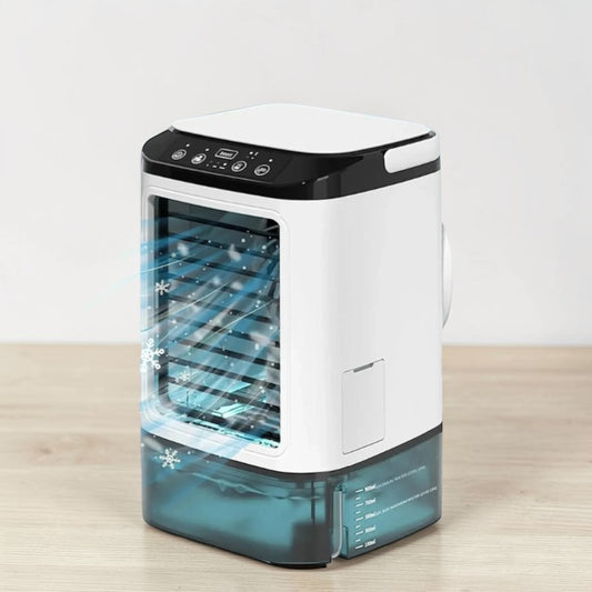 Rinef white and black compact portable AC unit with ultrasonic cooling, 3 speeds, 900ml tank, and LED light.