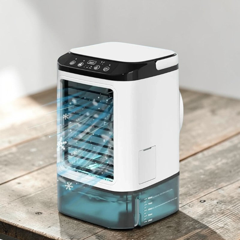 Rinef white and black compact portable AC unit with ultrasonic cooling, 3 speeds, 900ml tank, and LED light.