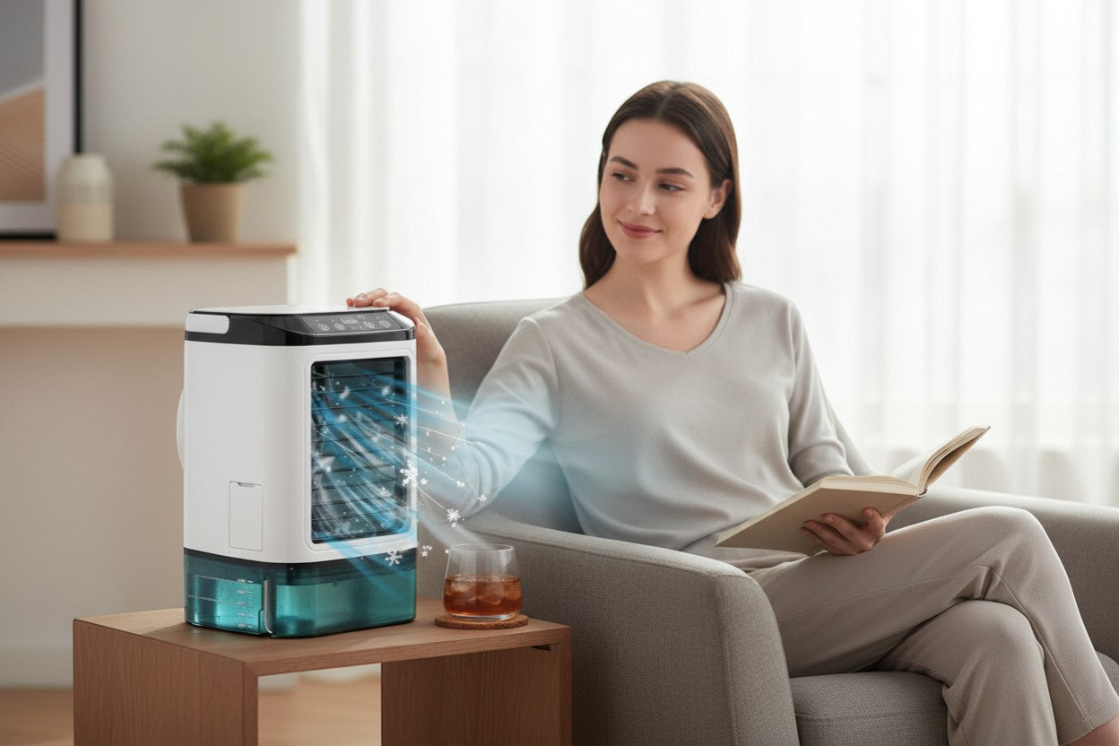 Rinef compact white portable AC unit with blue water tank, 3-speed fan, and LED light for personal cooling.