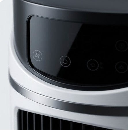 Rinef compact portable air conditioner with touch controls for fan speed, power, and oscillation. White and black ABS/PC.