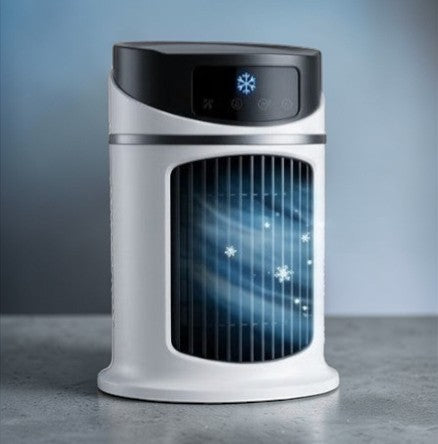 Rinef compact white and black 3-in-1 portable air conditioner with cooling, humidifying, and dust filtering.