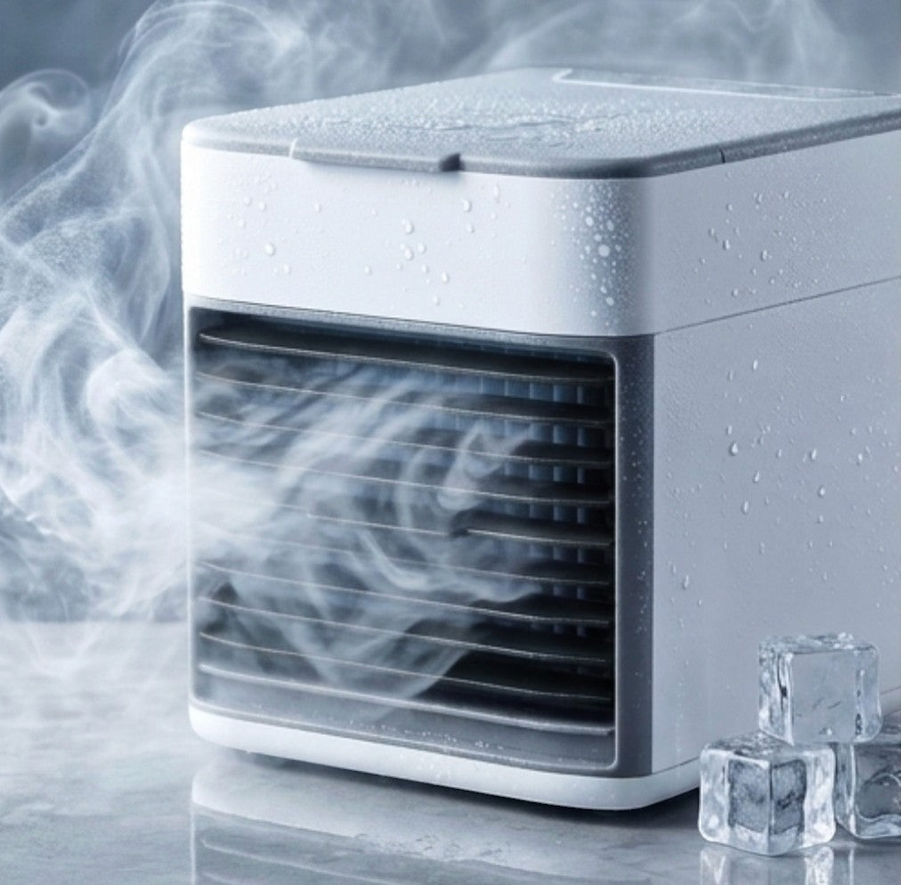 Rinef white and grey compact USB mini air conditioner with water-cooled system and ice cubes.