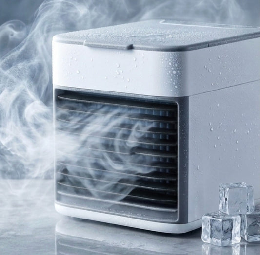 Rinef white and grey compact USB mini air conditioner with water-cooled system and ice cubes.