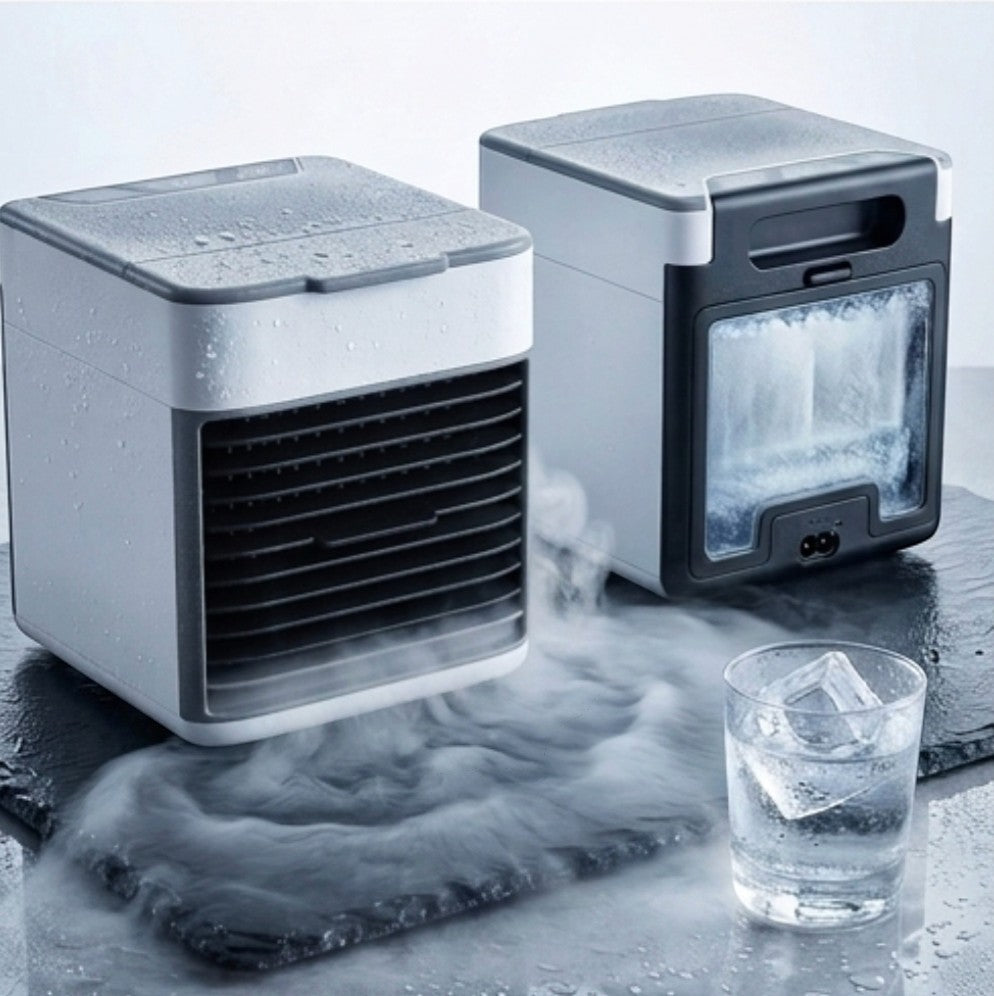 Rinef compact white and grey USB mini air conditioner with water-cooled system and ice crystal box