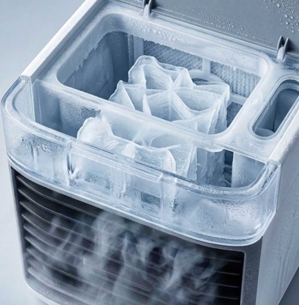 Rinef compact USB mini air conditioner with ice-filled water tank and cool mist output.