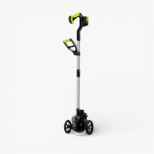 Rinef cordless weed eater with adjustable blades, telescoping shaft, and support wheels. Black and green.
