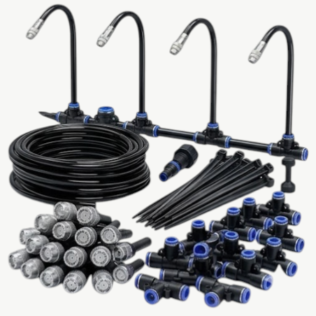 Rinef drip irrigation kit with black flexible hose, emitters, connectors, and stakes for efficient garden watering.