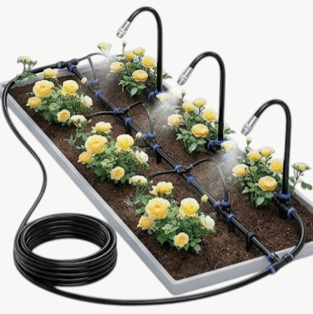 Rinef drip irrigation system with black flexible hoses and adjustable emitters watering yellow roses in a garden bed.