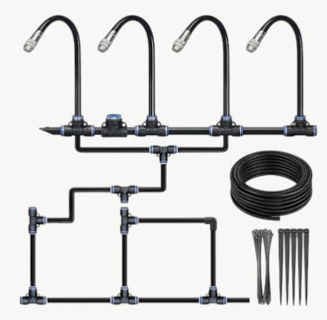 Rinef drip irrigation system with black flexible hoses, connectors, stakes, and coiled tubing for efficient garden watering.