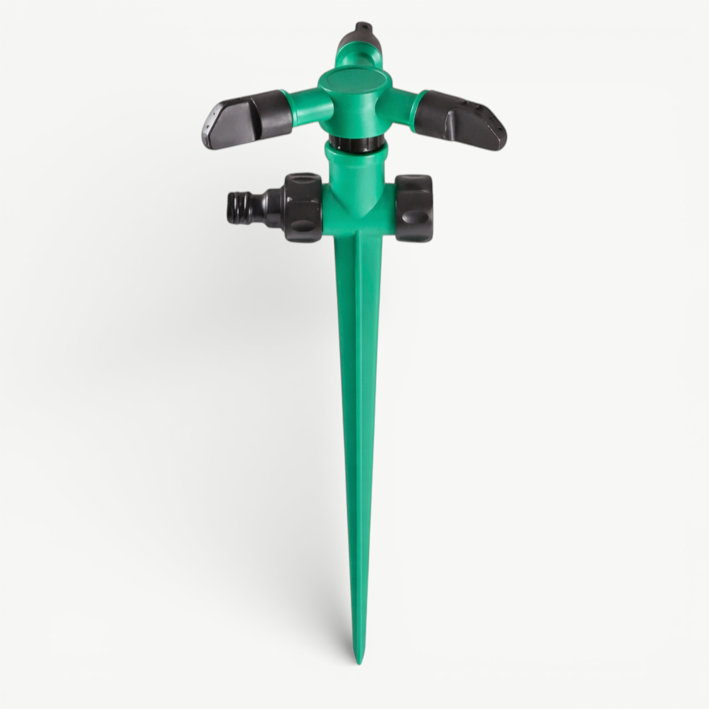 Rinef green ABS plastic 3-arm rotating garden sprinkler with adjustable water control for efficient lawn irrigation.