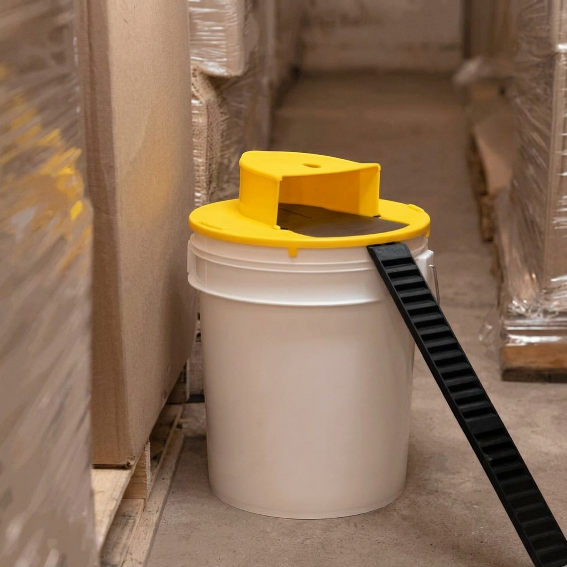 Rinef yellow ABS plastic humane mouse trap bucket lid with automatic reset and black ladder.