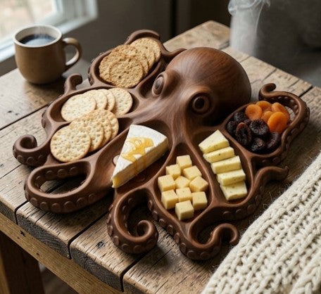 Rinef rustic brown wood octopus serving platter with slots for crackers, cheese, and dried fruit.