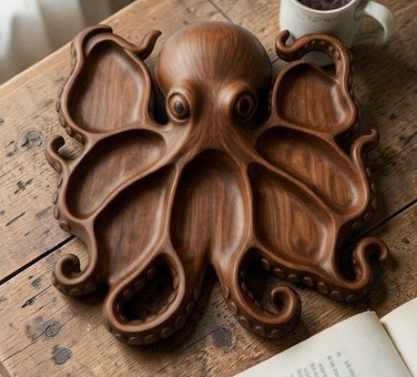 Rinef rustic brown wood octopus serving platter with 8 tentacle slots for appetizers and charcuterie.