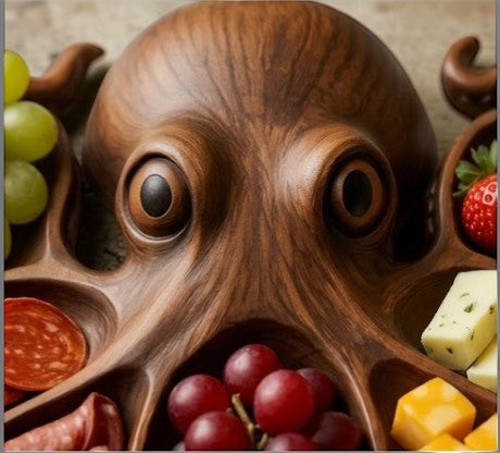 Rinef rustic wood octopus serving platter with slots for charcuterie and appetizers.